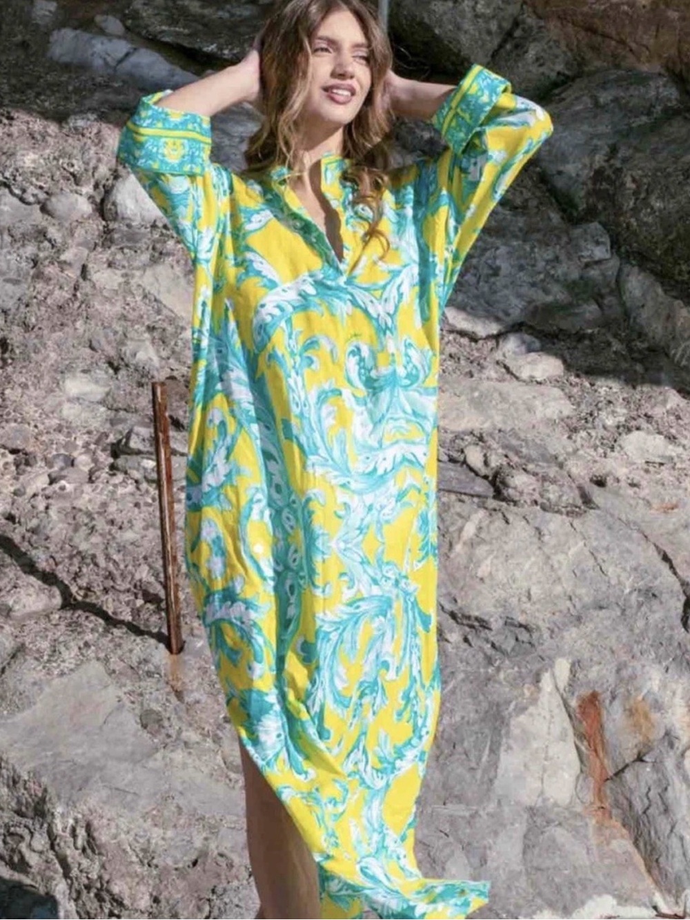 Yellow & Teal Printed V-Neck Maxi Dress